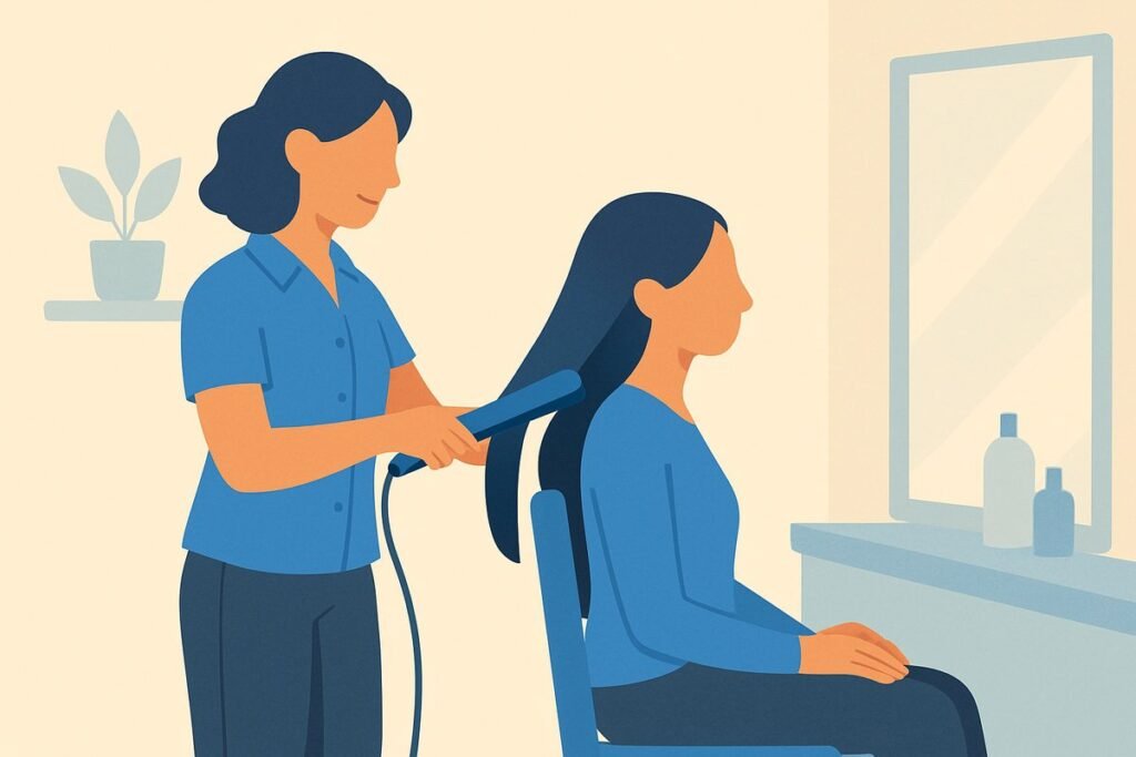 Illustration: Friseurin glättet langes Haar mit dem Glätteisen